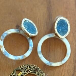 Blue Druzy Statement Earrings with Marbled Acrylic Hoop – Gold Tone Drop Earring